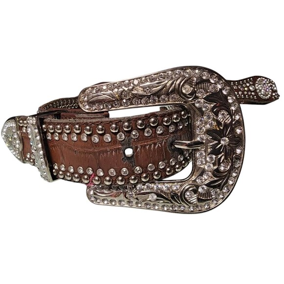 Vintage SPARKLE Leather Rhinestone Concho Belt Length 45" Western Cowgirl Boho - Picture 2 of 7